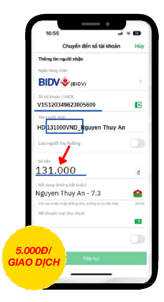 Màn hình chuyển khoản BIDV
